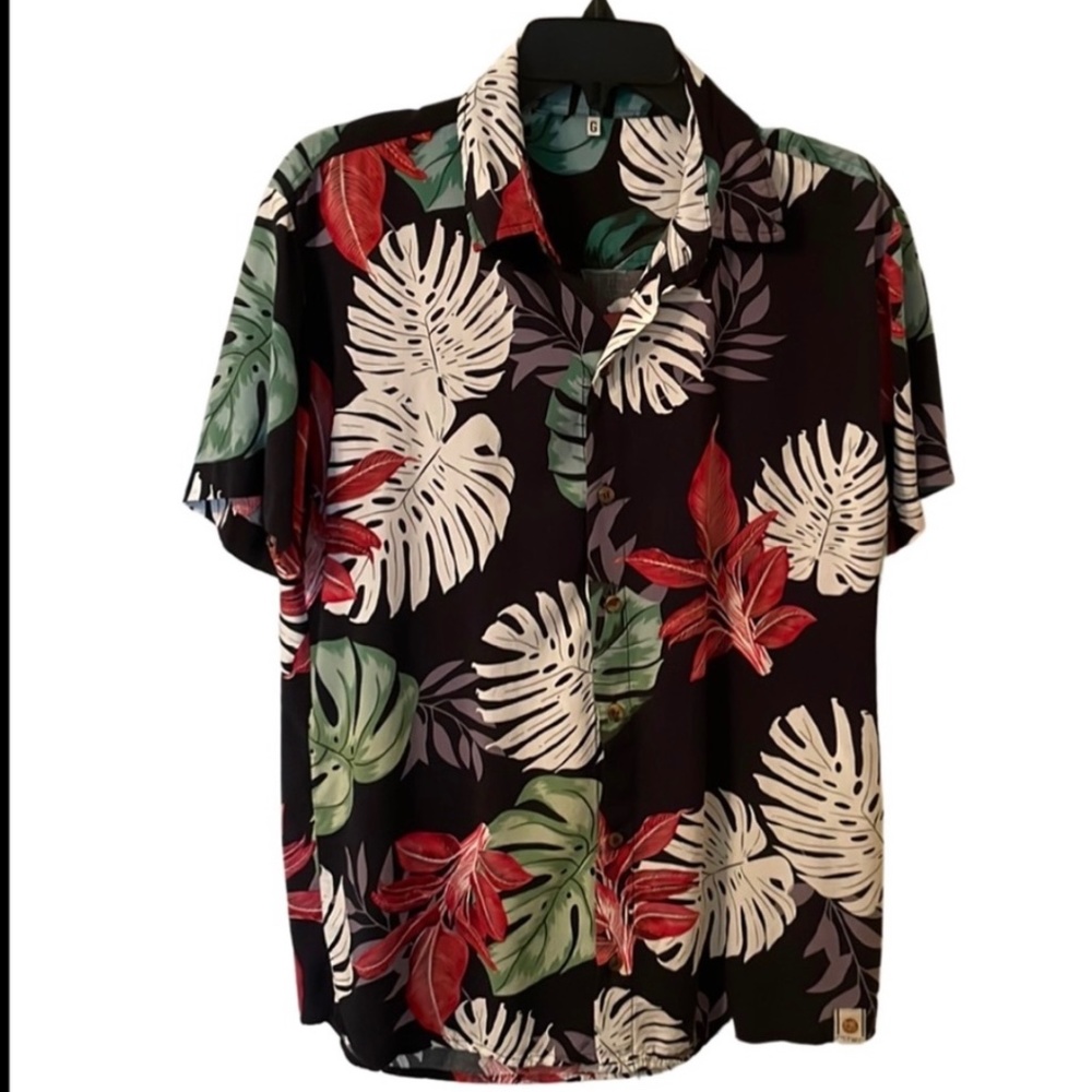 Black Camp Shirt with  Tropical Print Size Medium